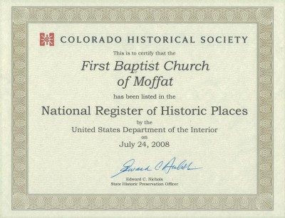 Colorado Historical Society Certificate First baptist Church on National Register of Historical Places